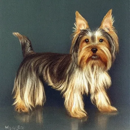Prompt: brown and gray Yorkshire terrier dog, extremely detailed masterpiece, illustration, by Michael Sowa,