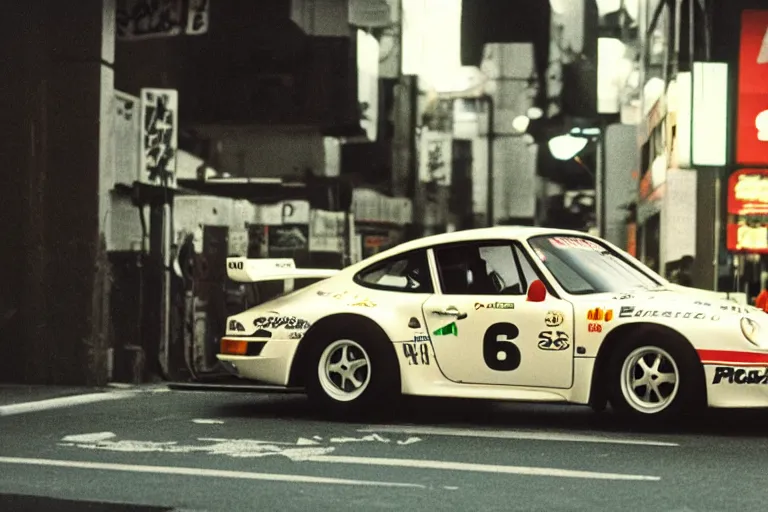 Image similar to single racecar 1 9 8 8 9 1 1, movie still, vintage footage on tokyo streets, volumetric lighting, f 8 aperture, cinematic eastman 5 3 8 4 film