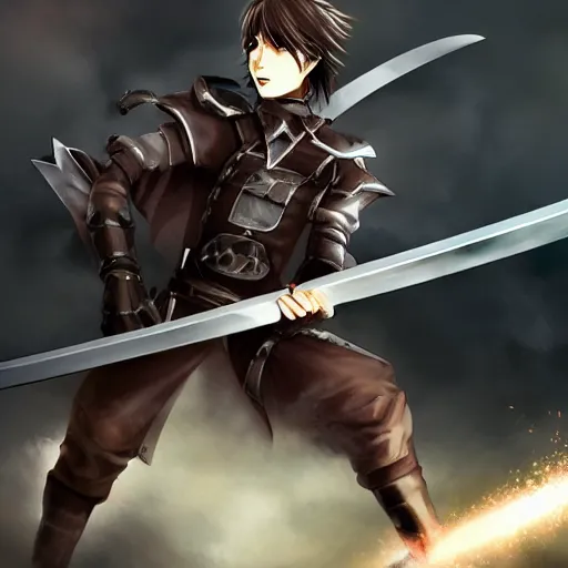 Image similar to anime swordsman, male, fantasy, battlefield,