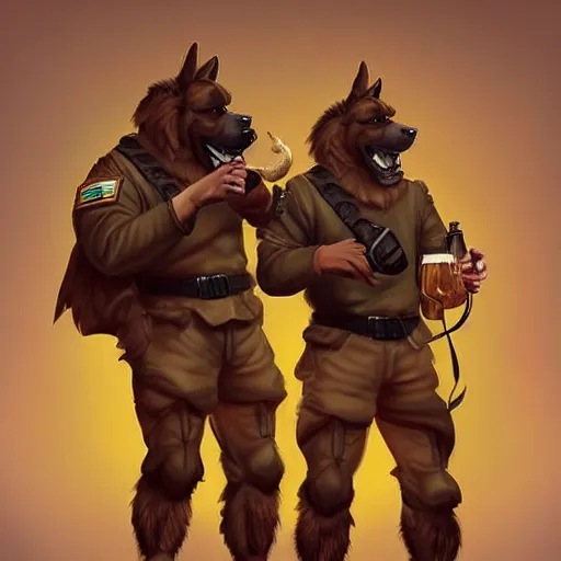 Image similar to two humanoid german shepherds beast - men in military style, they holding a beer, artstation, concept art, smooth, sharp foccus ilustration, artstation