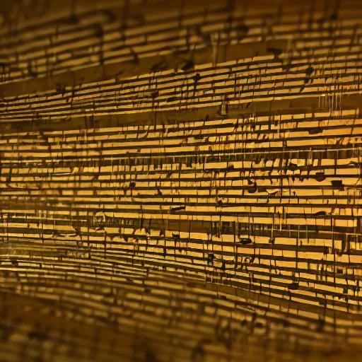 Image similar to a polished bronze sculpture of music notation, three quater notes, art installation, cinematic light, rain, 8 k, unreal render, reflections,