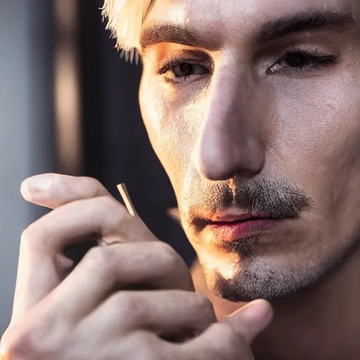 Image similar to a closeup photo of handsome gigachad xqc smoking