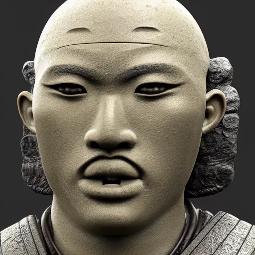 Image similar to japanese samurai stone sculpture, highly detailed, photorealistic portrait, bright studio setting, studio lighting, crisp quality and light reflections, unreal engine 5 quality render