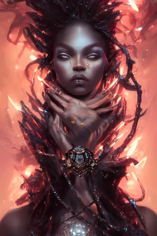 Image similar to beautiful black model face coveredd with diamonds wearing crystals, diamonds, angel, fantasy, dramatic lighting, highly detailed, digital painting, holding electricity, magic the gathering, hyper detailed, 3 d render, hyper realistic detailed portrait, peter mohrbacher, wlop, ruan jia