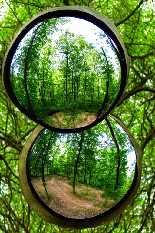 Image similar to a mirror sphere sitting in a lush forest