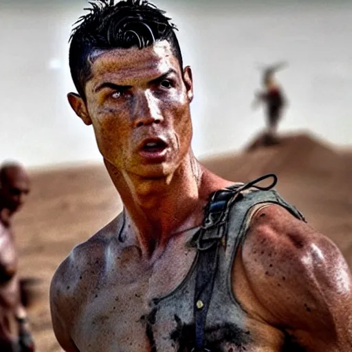 Prompt: cristiano ronaldo as the doof warrior in mad max fury road ( 2 0 1 5 ), movie still,