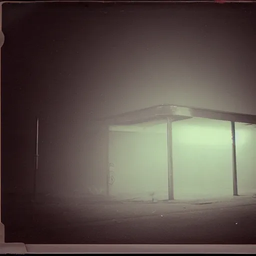 Image similar to polaroid abandoned gas station, dark moody, foggy, scary