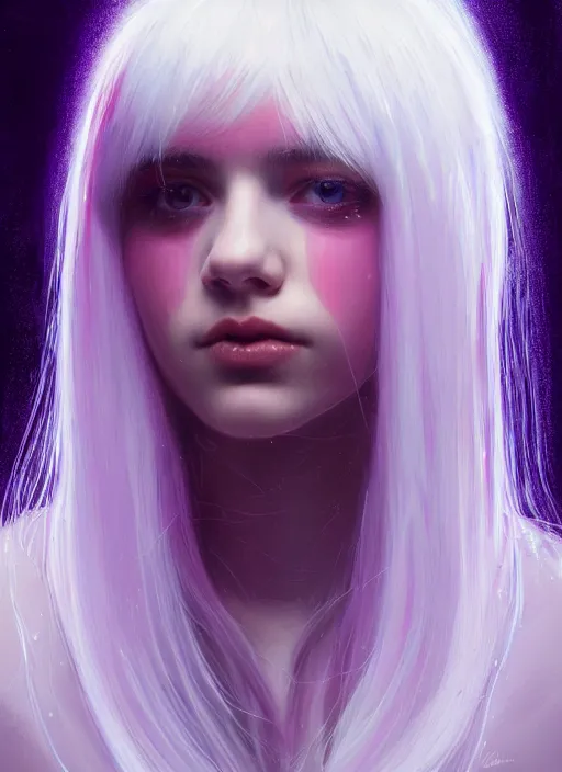 Image similar to hair whitebangs hair, white hair, whitebangsblackhair, portrait of teenage girl with white bangs, red irises, purple clothes, intricate, elegant, glowing lights, highly detailed, digital painting, artstation, concept art, sharp focus, illustration, art by wlop, mars ravelo and greg rutkowski