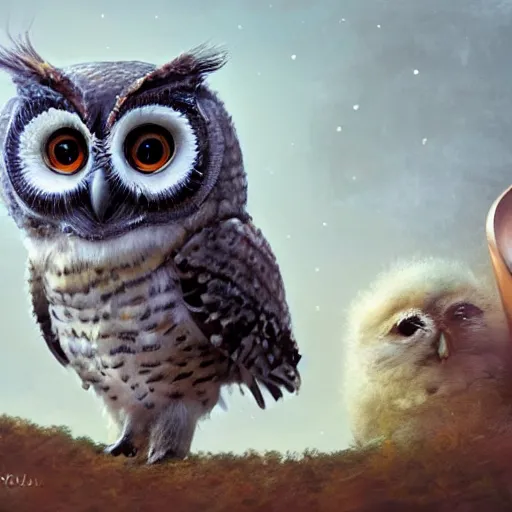 Prompt: long shot of a very cute owl chick nesting in a very futuristic cup, esao andrews, m. w. kaluta, yoshita amano, humorous illustration, hyperrealistic, big depth of field, warm colors, night scenery, low light, 3 d octane render, 4 k, conceptart, hyperdetailed, hyperrealistic, trending on artstation