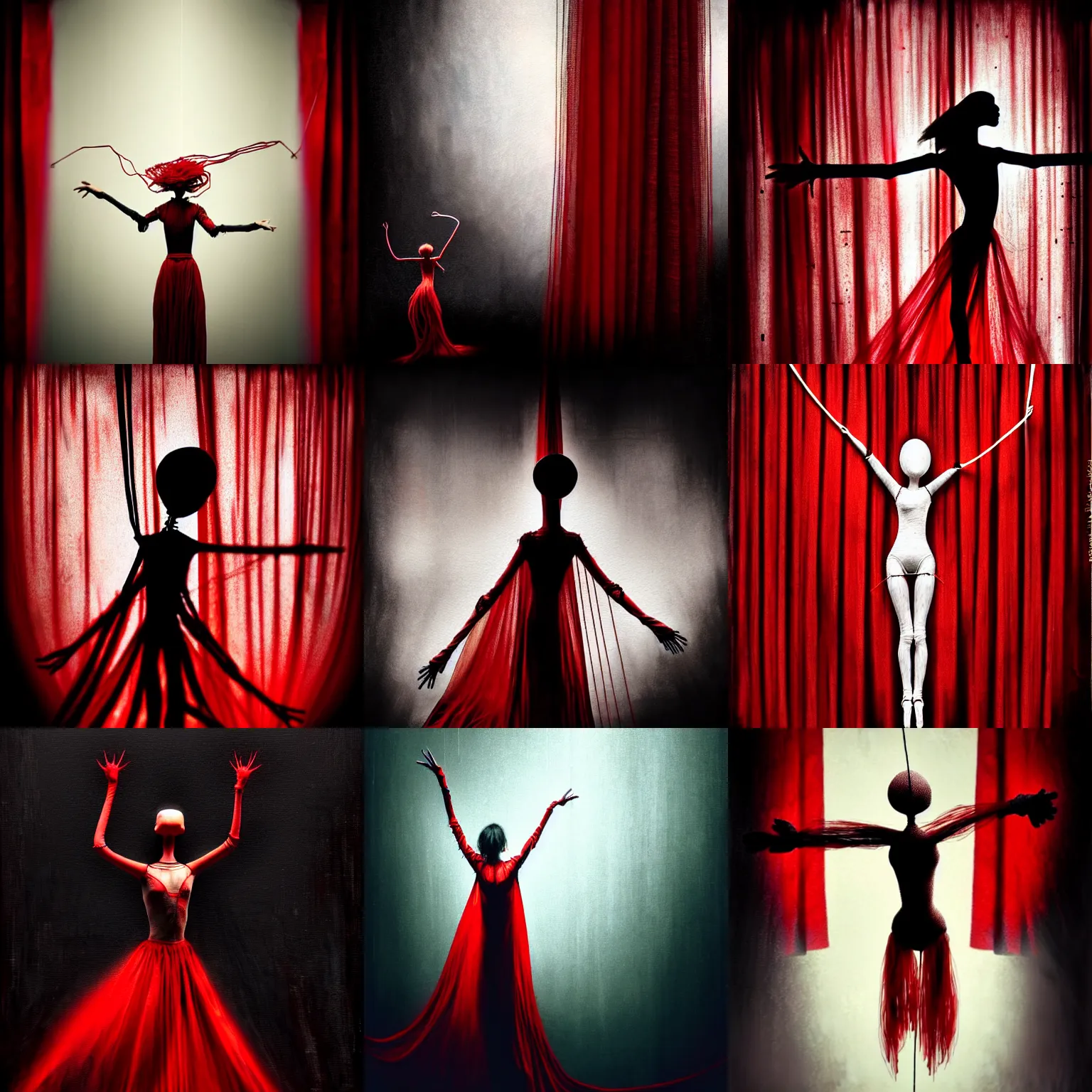 Prompt: dancing strings puppet surrounded by red curtains, by Brooke Shaden, close-up shot from behind, big black strings attached to each wrist from above, white neck visible, intricate, dystopian, sci-fi, extremely detailed, digital painting, artstation, concept art, smooth, sharp focus, illustration, intimidating lighting, incredible art, details visible, very dark ambiance