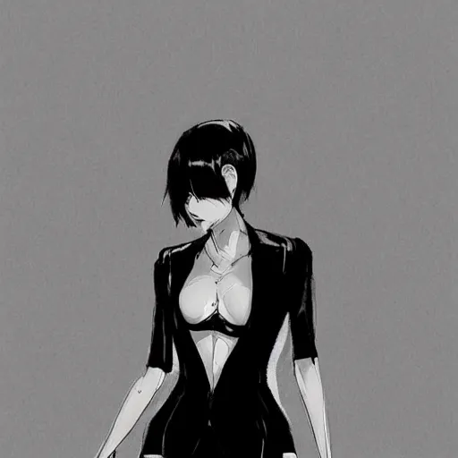 Image similar to slim beautiful killer girl in tuxedo with short black hair, elegant, 2d, ultra highly detailed, digital painting, smooth, sharp focus, artstation, black and white art by Tsutomu Nihei