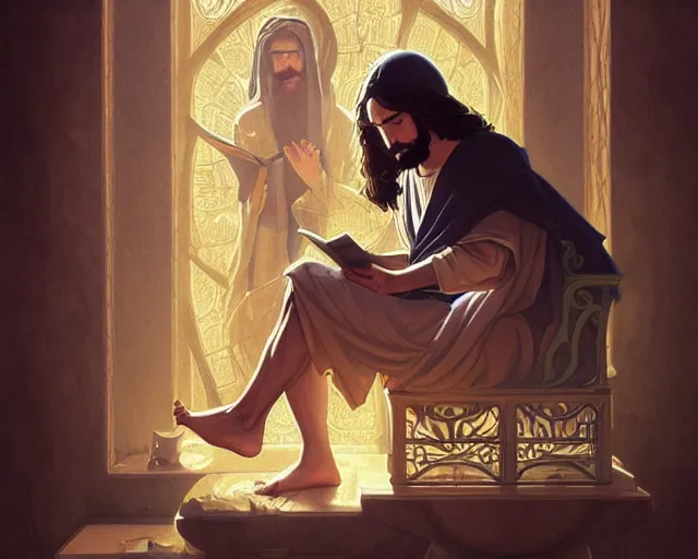 Image similar to photography of jesus christ sitting on a toilet reading manga, deep focus, d & d, fantasy, intricate, elegant, highly detailed, simple background, digital painting, artstation, concept art, matte, sharp focus, illustration, hearthstone, art by artgerm and greg rutkowski and alphonse mucha