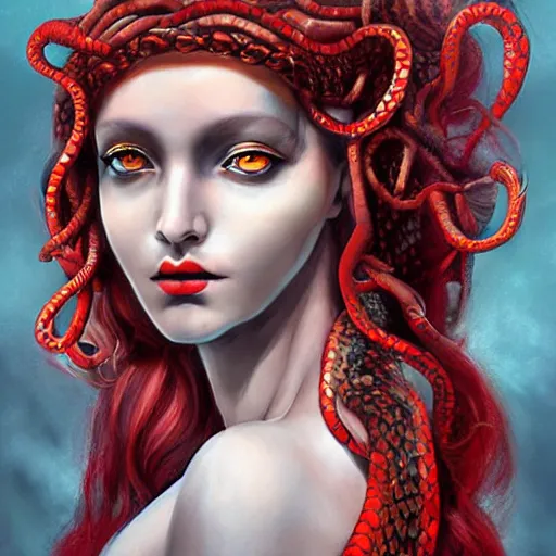 Image similar to realistic mythological greek medusa with red snakes on the head full body, by anna dittmann