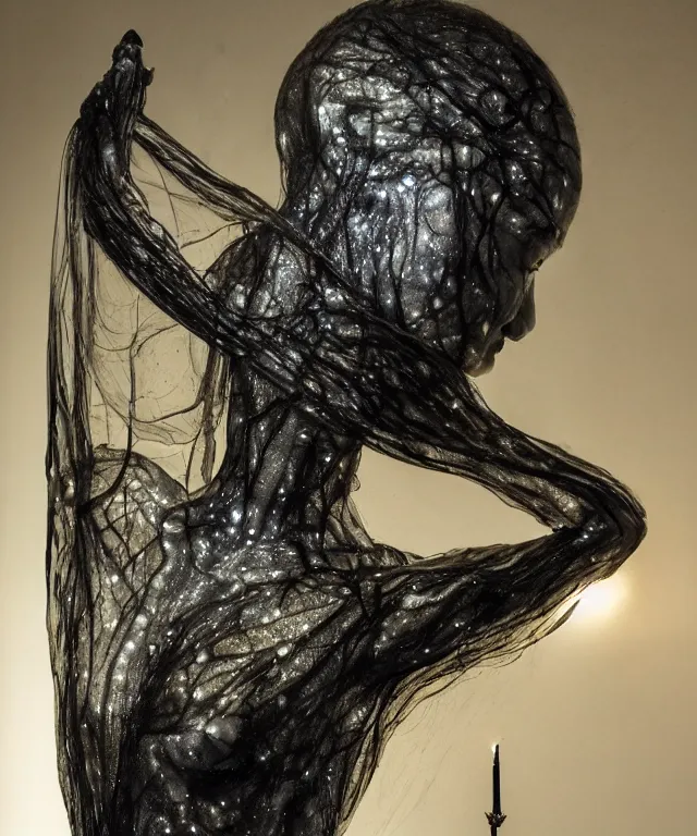 Image similar to Beautiful full-body wax sculpture of glowing transparent woman with visible bones covered with melted white candle wax inside the singularity where stars becoming baroque folds of dark matter by Michelangelo da Caravaggio, Nicola Samori, William Blake, Alex Grey and Beksinski, dramatic volumetric lighting, highly detailed oil painting, 8k, masterpiece