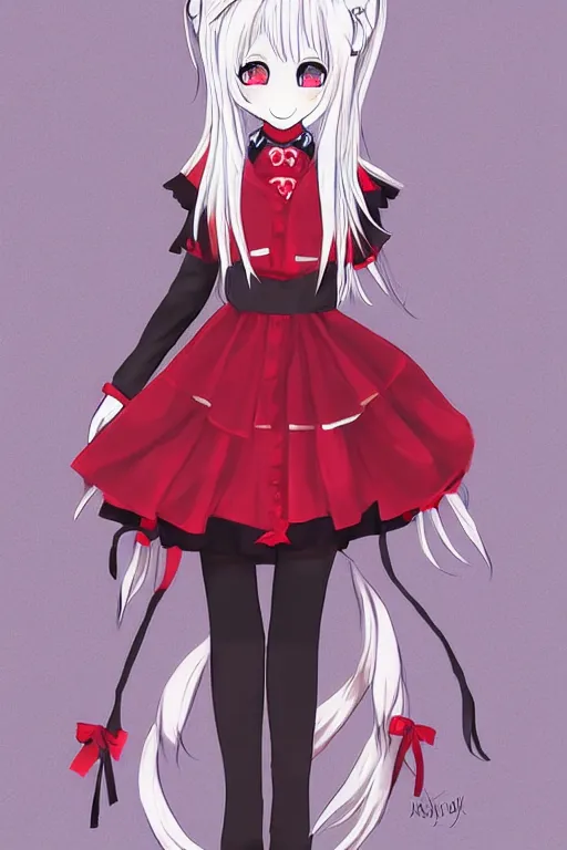 Prompt: Anime girl with chin length white hair, wearing red gothic lolita clothing, trending on Instagram, digital drawing