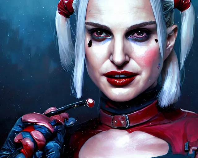 Prompt: highly detailed portrait of natalie portman as harley quinn, in batman : arkham knight, stephen bliss, unreal engine, fantasy art by greg rutkowski, loish, rhads, ferdinand knab, makoto shinkai and lois van baarle, ilya kuvshinov, rossdraws, tom bagshaw, global illumination, radiant light, detailed and intricate environment