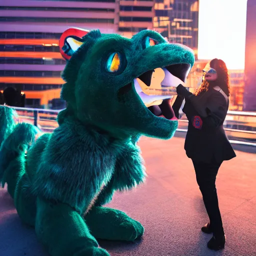 Image similar to photograph of a black dragon fursuiter at a furry convention in the city, outdoors during sunset, studio photography, f/1.8 cinematic lens