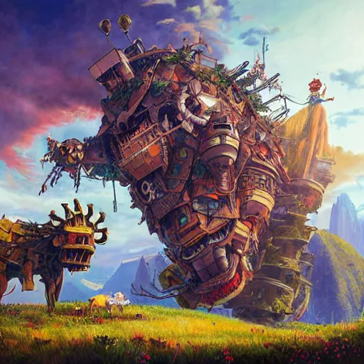 Prompt: a painting of Howl's Moving Castle as in Horizon Zero Dawn by Jacek Yerka, highly detailed, 4k digital art