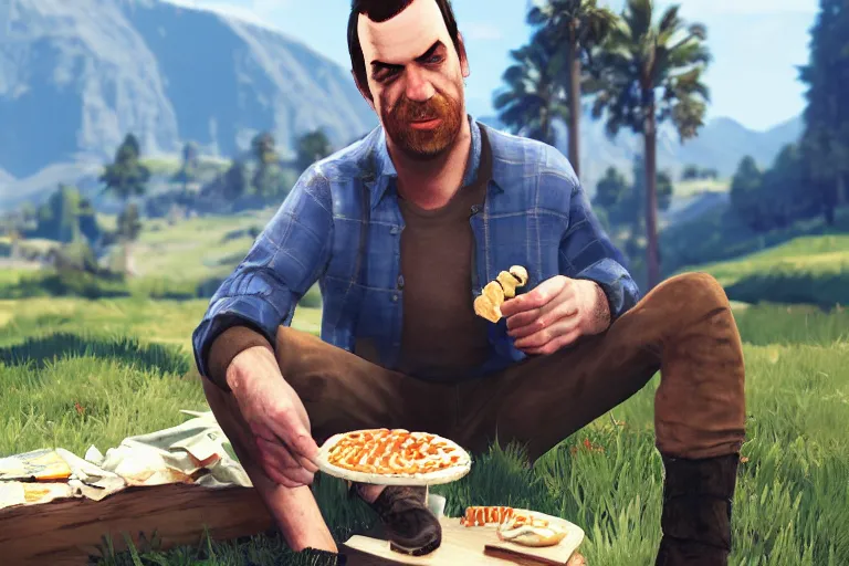 Image similar to a scottish scotland guy eating edible in scotland gta 5 loading screen art, trending on artstation