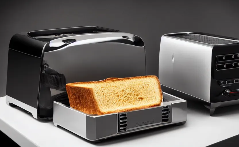 Prompt: a lamborghini brand toaster with sliced bread in slots, professional product shot