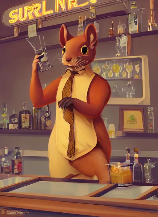 Image similar to squirrel anthro as a dapper bartender with a big fluffy tail, retro futurism, art deco, detailed painterly digital art by Cory Loftis and WLOP, 🐿🍸🍋, furaffinity, trending on artstation