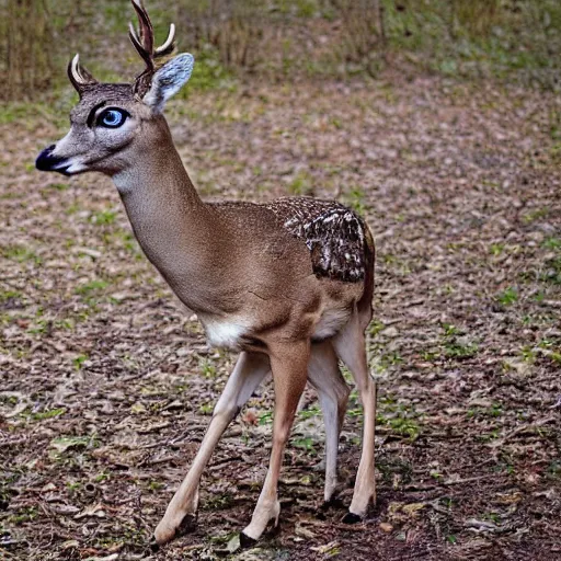 Prompt: photo of a hybrid between a deer and an owl