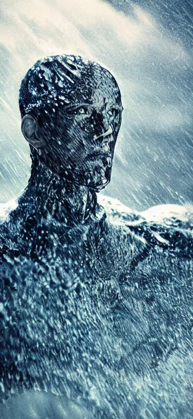 Image similar to suit of armor, made of liquid, made of water, rising up from ocean, water armor, norway fjord, medium close up portrait, studio lighting, stormy seas, beautiful, bokeh, snowy, storm clouds, god rays, d & d, fantasy, elegant, low key color palette, concept art, roger deakins and greg rutkowski and alphonse mucha