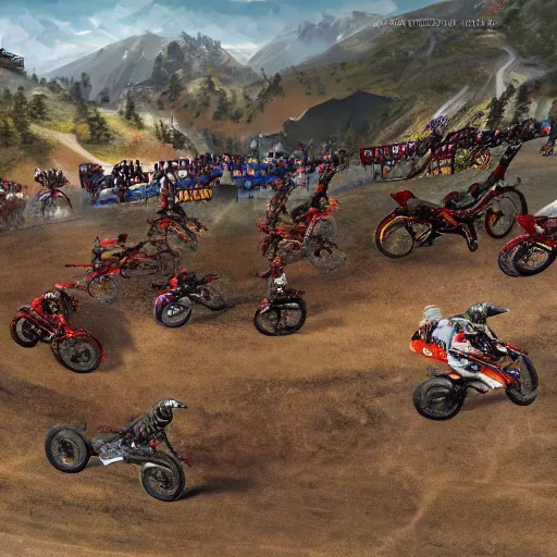 Image similar to erzberg rodeo off road motorcycle race in a 7 circles of hell by dante, game art, super detailed, 5 riders on a picture are going uphill