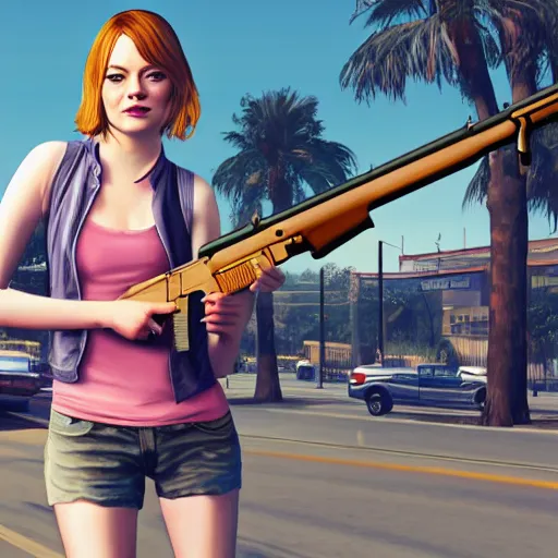 Prompt: emma stone in gta v holding an ak - 4 7, cover art by stephen bliss, artstation, no text
