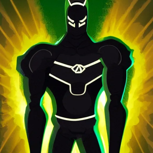 Image similar to dark - skinned superhero with a black suit and very minimal green details, his power comes from a ring that gives him mutant - like powers and a spectacular mask as a weapon he has an expandable staff. he wears no cape. he has a belt as a feline tail, digital art