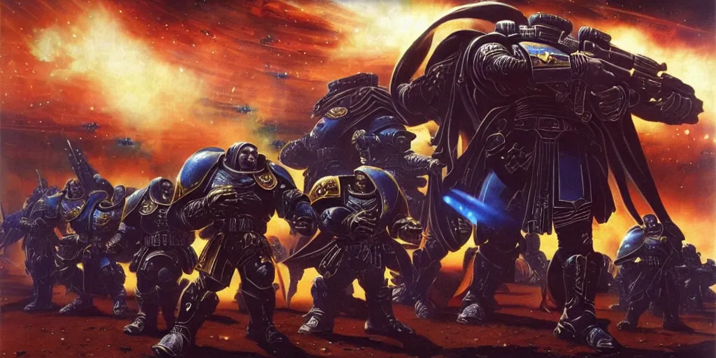 Image similar to Astartes are fighting against space orcs, huge armies, epic battle, a bunch of explosions, bullet tracers, Astartes are very well detailed, orcs are very well detailed, Photo style retro futurism art