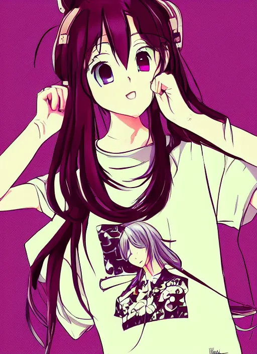 Prompt: portrait of a beautiful anime girl, powerful leader, casual t - shirt, lofi colors, anime drawing, anime, lofi art, lofi vibes,