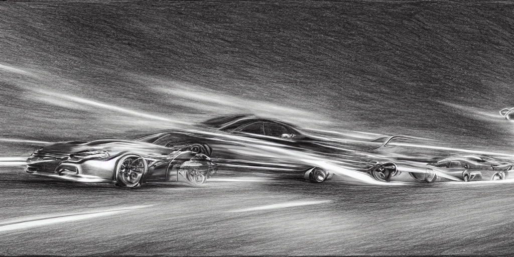 Prompt: a drawing of two cars drag racing in the middle of the night, realism, intense,