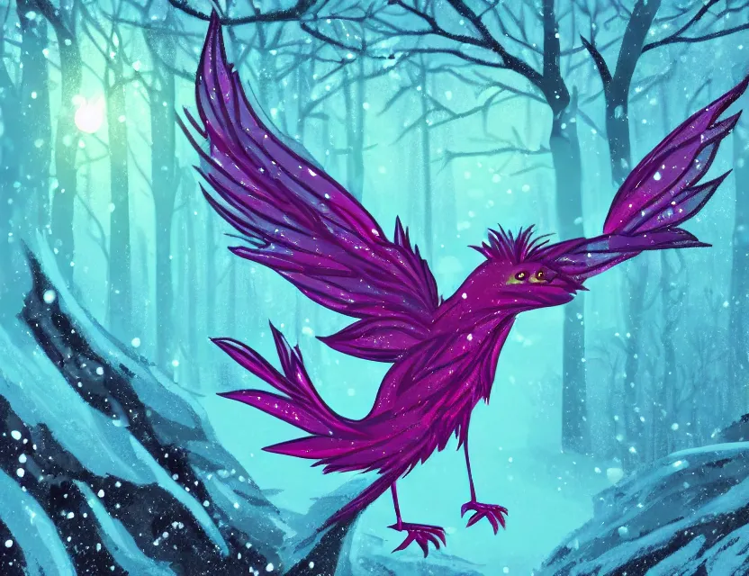 Prompt: magical, supernatural fae bird in the winter woods. limited but vibrant palette, 2 d animation from the 2 0 1 0 s, backlighting, bold composition, depth of field, intricate details.