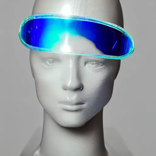 Image similar to an ultra high definition professional studio quality photograph of a transparent iridescent perspex pastel coloured ( face ) visor and matching raincoat on a white coat hook in an empty white room. dramatic lighting, ray tracing, refraction, shallow d. o. f, colour corrected, golden ratio, three point light. volumetric shadows. light rays.