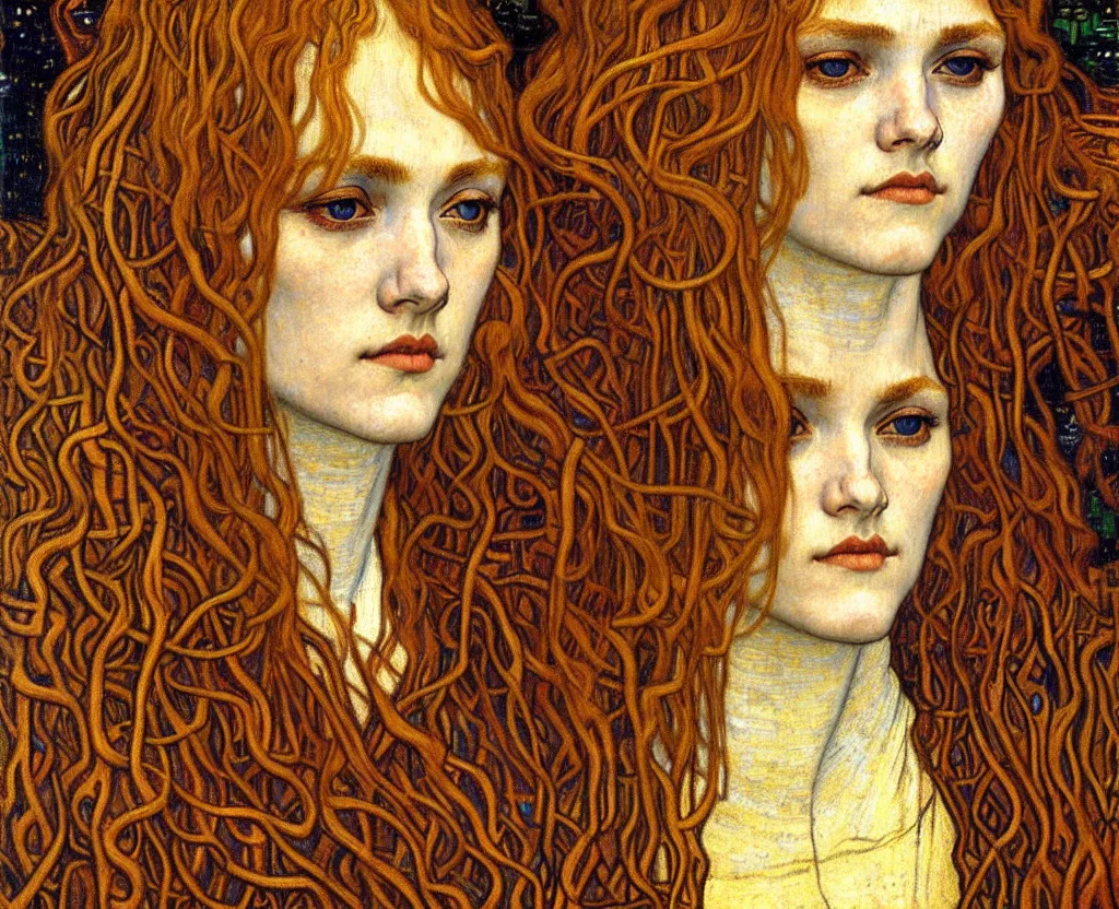 Image similar to detailed realistic beautiful young medieval queen face portrait by jean delville, gustav klimt and vincent van gogh, art nouveau, symbolist, visionary, gothic, pre - raphaelite, muted earthy colors, desaturated