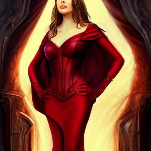 Image similar to elizabeth olsen as scarlet witch in a red dress, concept art by anne stokes, polycount contest winner, fantasy art, wiccan, concept art, tarot card