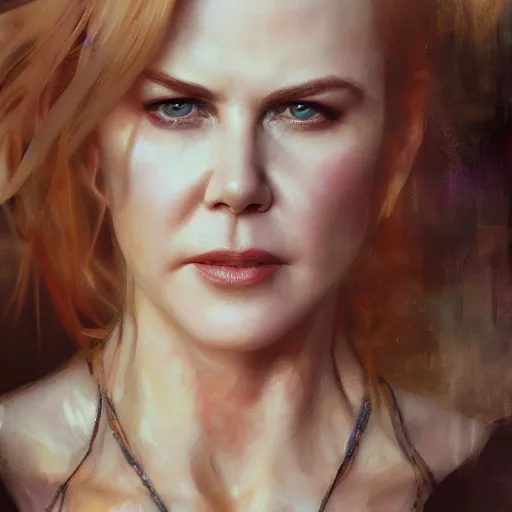 Image similar to nicole kidman, hyperrealistic portrait, bladerunner street, art of elysium by jeremy mann and alphonse mucha, fantasy art, photo realistic, dynamic lighting, artstation, poster, volumetric lighting, very detailed face, 4 k, award winning