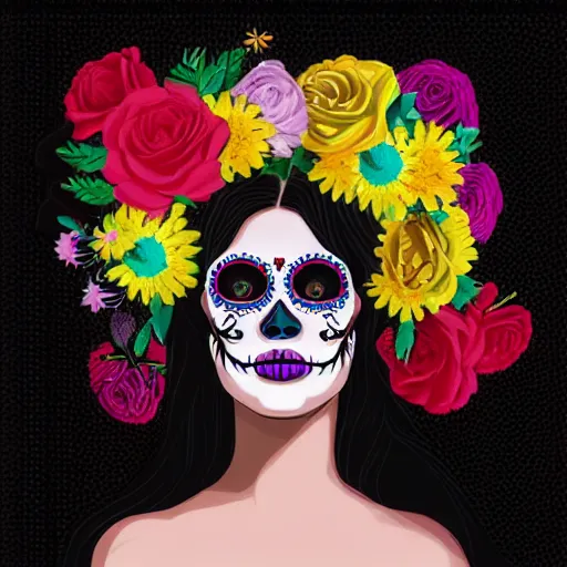 Image similar to a close up portrait beautiful woman, floral headdress, flowers, dia de los muertos makeup, long flowing dark hair in retro colors, synthwave style, 2 d digital vector art