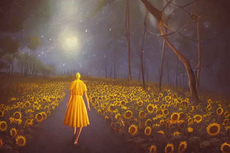 Image similar to giant sunflower as a head, girl walking between trees, hills, surreal photography, dark night, star trails, dramatic light, impressionist painting, clouds, digital painting, artstation, simon stalenhag