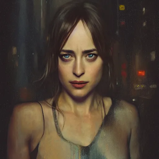 Image similar to dakota johnson, hyperrealistic portrait, bladerunner street, art of elysium by jeremy mann and alphonse mucha, fantasy art, photo realistic, dynamic lighting, artstation, poster, volumetric lighting, very detailed face, 4 k, award winning