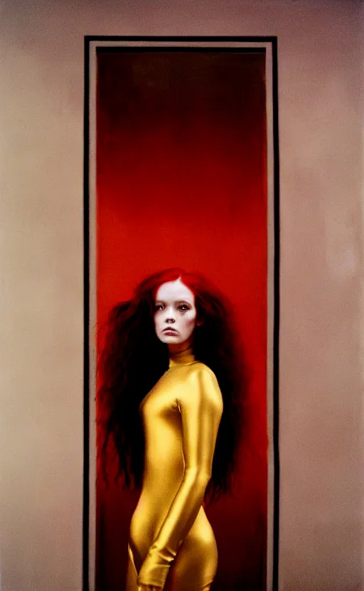 Image similar to portrait of a girl with long red hair, very beautiful style, girl standing in a black room by a window, wearing a gold suit, photorealism, deborah lou turbeville,