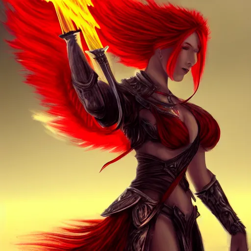 Prompt: fantasy concept art, winged! red hair woman!! flaming sword!!! ( ( ( plate armor ) ) ) ( ( ( ( devilish smile ) ) ) ), 4 k, painting