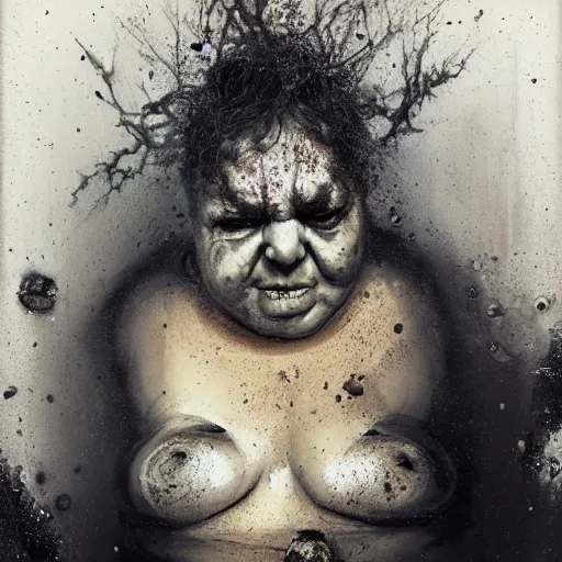 Image similar to portrait of the face of big fat old sumoringer as despair from sandman, venus of willendorf, by jeremy mann, by gregory crewdson, by bastien lecouffe deharme, by russ mills, sad face, topknot, black hair, mourning, black eyes, white room, soft lightning, high detailed, 8 k