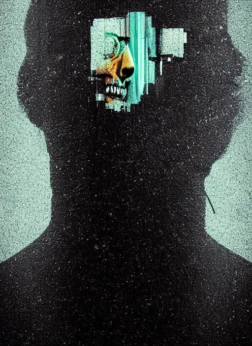 Prompt: statue of hercules, half his face as a skull, beeple, vaporwave, retrowave, abstract neon shapes, tonal separation, black background, glitch, pixel sorting, strong contrast, pinterest, trending on artstation