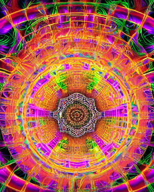 Image similar to hd mandala and yantra 3d maze puzzle made of flesh and bone and synaptic particle energy flow psychedelic color render detailed