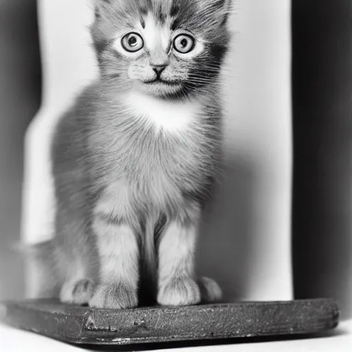 Prompt: a portrait photo of a cute solid gray solid white kitten wearing a tuxedo by edward weston, auto graflex, 2 1 0 mm ƒ / 6 4 zeiss tessar, agfa isopan iso 2 5, pepper no. 3 5, 1 9 3 0, high quality photo, highly detailed, studio lighting, fine - art photography, tack sharp