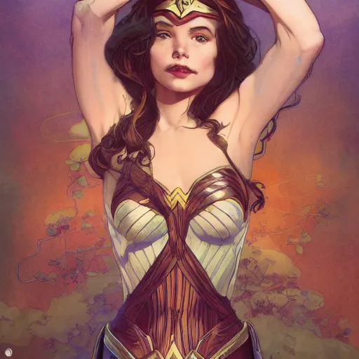 Image similar to a beautiful young ape girl dressed as Wonder Woman, mucha, mayhem, illustration, by James Jean, artgerm, octane render, by John Coltrane and Marc Simonetti, Manic, inspired by Greg rutkowski, colorful, studio lighting, high detail of the face, full body