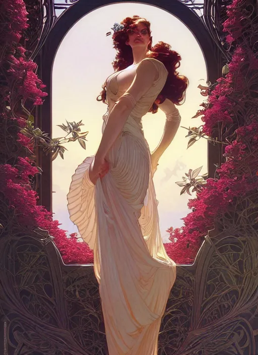 Image similar to leyendecker, michael whelan, beautiful french woman with long wavy hair, graceful arms, jewels, flowers, art nouveau, stephen bliss, unreal engine, by greg rutkowski, loish, ferdinand knab, ilya kuvshinov, rossdraws, tom bagshaw, alphonse mucha, global illumination, radiant light