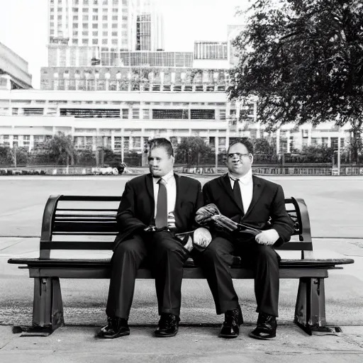 Image similar to two clean - shaven chubby white men in suits and neckties sitting on a park bench. each men are holding manila folders in their hands.